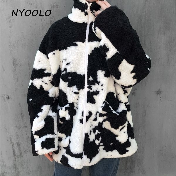 

nyoolo casual street cow pattern lamb wool coats autumn winter loose hip hop oversize thicken warm zipper jacket women outerwear 201106, Black;brown