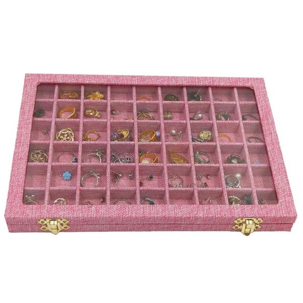 

jewelry tray box storage ring bracelet with 54 mini grids clear glass lid showcase display for home shop counter organizer ring, Pink;blue