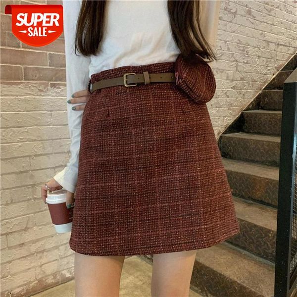 

with bag short skirt female new high waist a pack-line skirt woolen lattice plaid midi skirt with belt purse plus size clothing #pw8r, White;black