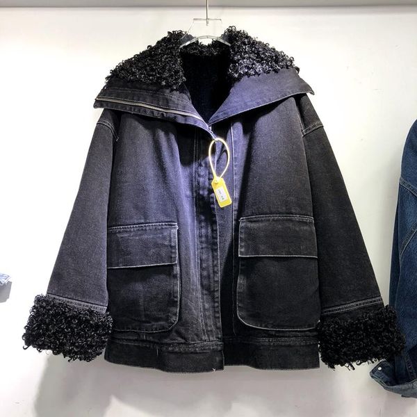 

winter velvet thickened denim jacket women short lamb wool korean version loose and thin lapel woman jacket winter 2021, Black;brown