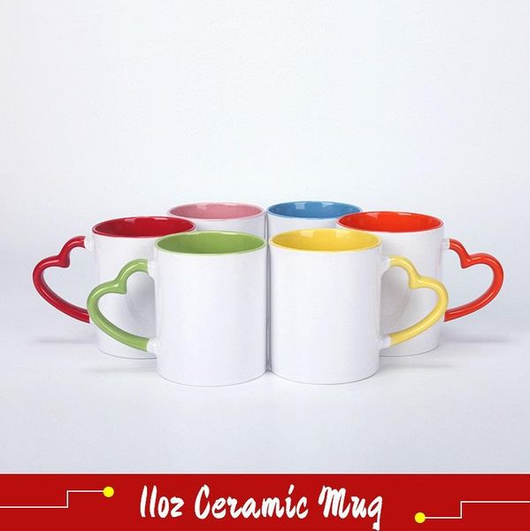 

diy sublimation 11oz ceramic mug with heart handle 320ml white ceramic cups with colorful inner coating special water bottles coffee pottery