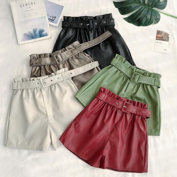 

2020 high waist pu leather shorts women sashes wide leg shorts punk style spring autumn winter casual loose short feminino, White;black