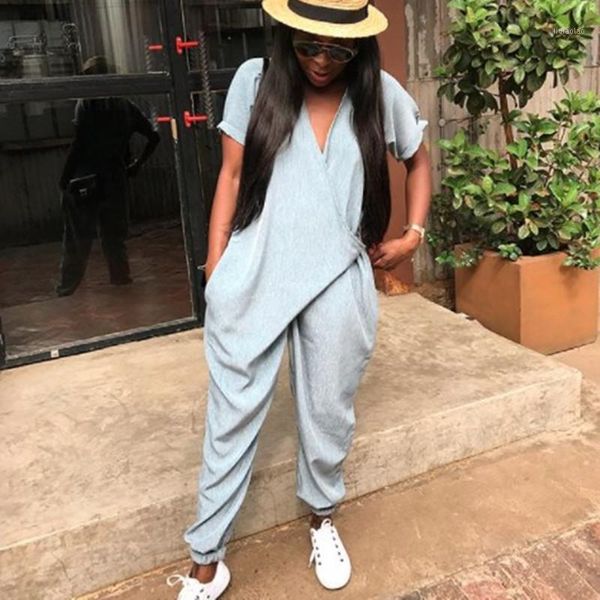 

2020 new summer women's loose jumpsuit with pockets office ladies overalls sleeve v neck one piece harem pants romper1, Black;white