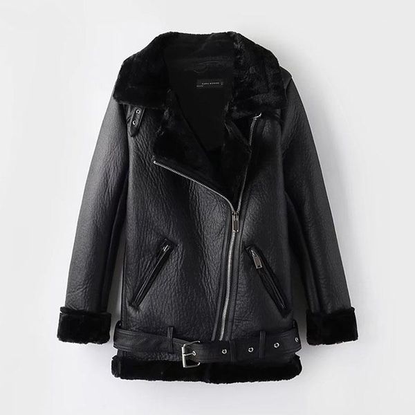 

women's velvet jacket new winter sheepskin coat thicken faux leather fur female coat fur warm lapels thick bomber jacket1, Black