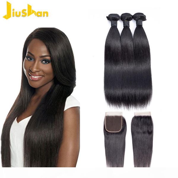 

jiushan brazilian weave 3 bundles with closure straight 8a 3 part closure virgin unprocessed with bundles with closure and bundles, Black;brown