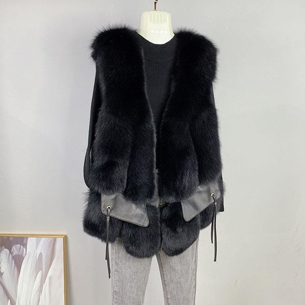

women's fur & faux real vest women fashion 2021 winter female natural gilet luxury warm sleeveless genuine wasitcoat, Black