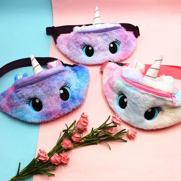 

2021 rainbow unicorn plush fuzzy fanny pack waist bag cute accessories bum bag for kids girls (purple