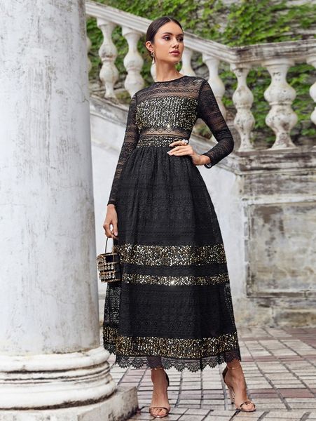 

contrast sequin detail lace overlay dress u4gn#, Black;gray