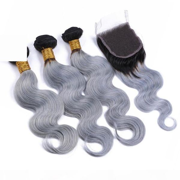 

silver grey ombre virgin human hair 3bundles with closure body wave 1b grey 2tone ombre indian human hair with 4x4 lace closure, Black;brown