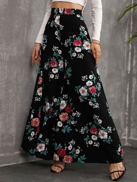 

allover floral print wide leg pants without belt e9j8#, Black;white