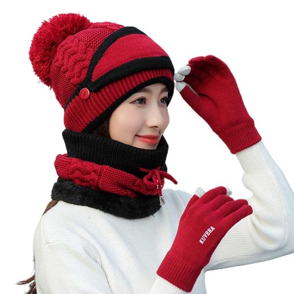 

women winter 4pcs beanie hat scarf face mask touch screen gloves set plush lined knit pompom skull cap neck warmer, Blue;gray