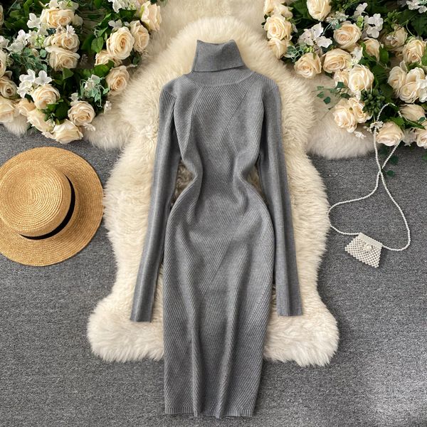 

2021 new female high collar knitted elastic hem solid autumn elegant long dress scqi, Black;gray