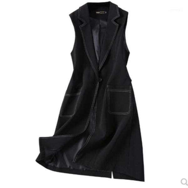

plus size 5x fashion pockets long blazer vest women autumn waistcoat turn-down collar sleeveless jacket elegant office lady coat1, Black;white