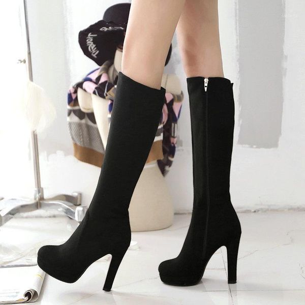 

black gray women flock square high heel knee high boots fashion platform zipper boots autumn winter woman shoes brown wine red1