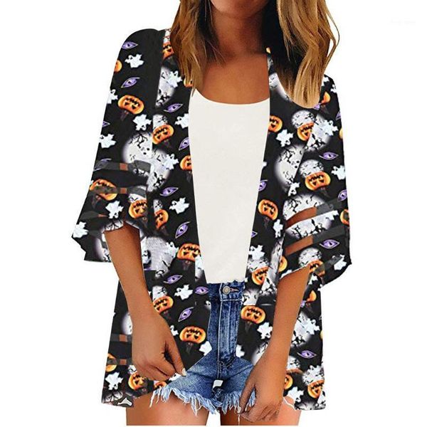 

#40 vintage blouse women mesh panel 3/4 bell sleeve halloween chiffon casual loose kimono cardigan blusas ropa mujer verano 20201, White