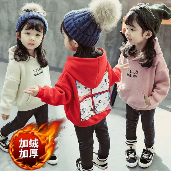 

cloth girls' korean autumn 3 winter version 2 thickened sweater coat girl 5 plush hooded pullover baby 6 children's fashion rezn, Black