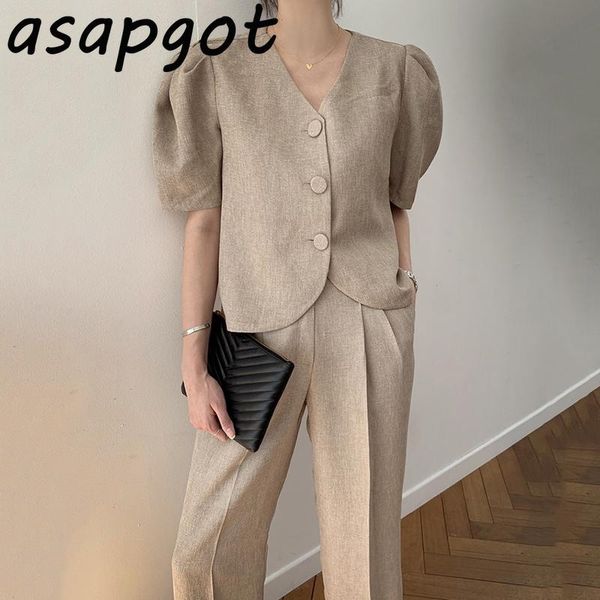 

women's two piece pants blazer & suits pant vintage v neck puff short sleeve single-breasted jacket high waist straight suit casual, White
