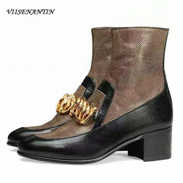 

золотая цепь пряжка med каблука круглый toe zip женская обувь смешанные цвета британский голеностопного knigh сапоги из натуральной кожи мод, Black
