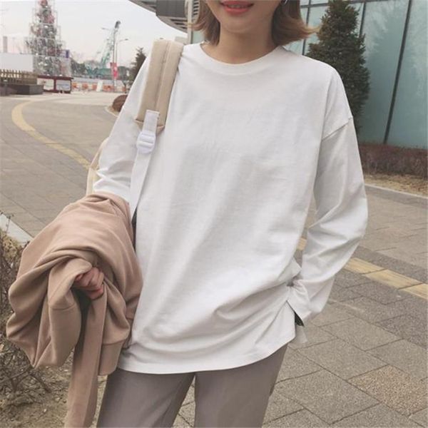 

women's polos 2021 nian early spring autumn clothing korean-style white t-shirt female versatile long sleeve mid-length loose base shi