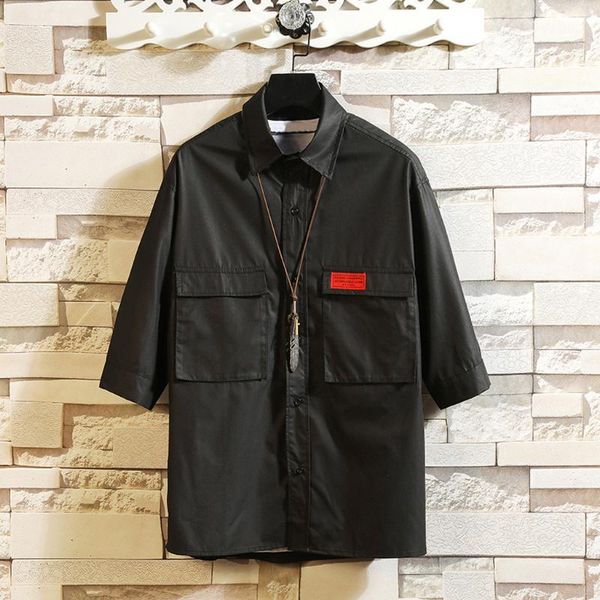 

vogue white shirt men casual fashion solid pockets three quarter sleeve streetwear shirt 1, White;black