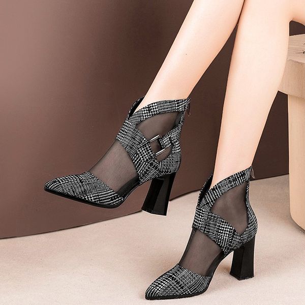 

gingham mesh cloth ankle boots for women shoes pointed toe autumn boots block high heels zipper ladies shoes woman boots y200723, Black
