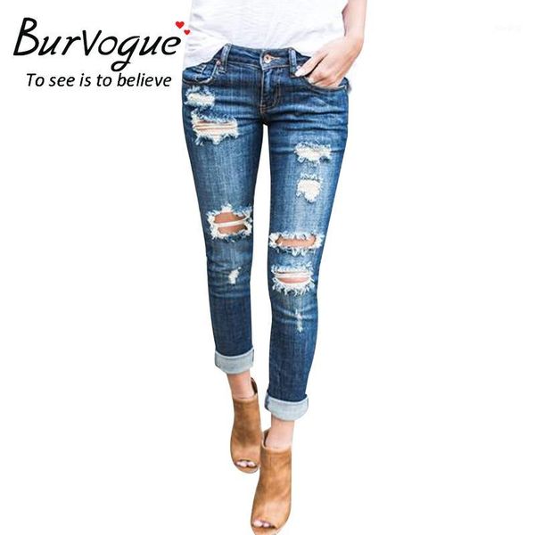

burvogue fashion low waist distressed jeans new ladies cotton denim pants stretch womens ripped skinny denim jeans trousers1, Blue