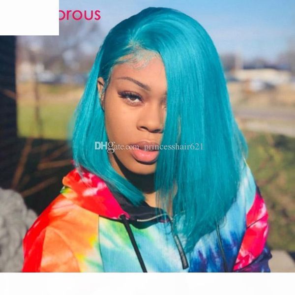

short bob lace front wigs for women party haircut full density cyan straight human hair bob wig, Black;brown