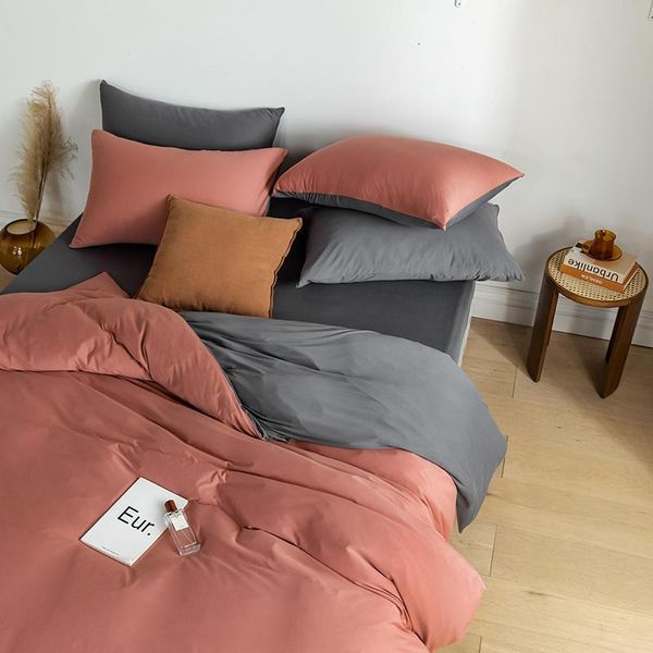

pure solid color double fight simple japanese nordic mix duvet cover bedding sets 4pcs bed sheet  king size fitted flat