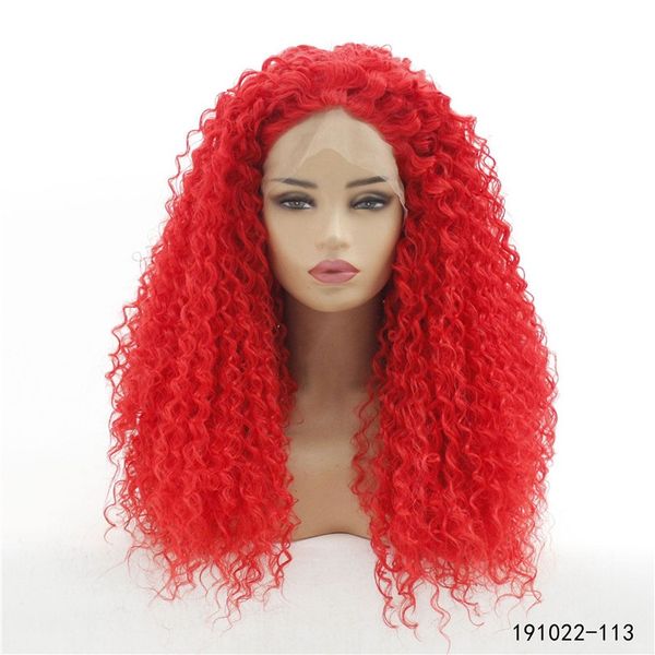 

red color curly synthetic simulation human hair lace front wigs perruques de cheveux humains 191022-113, Black;brown