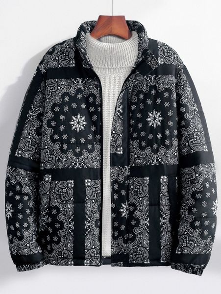 

men paisley scarf print zipper puffer coat without sweater s0xs#, Black;brown