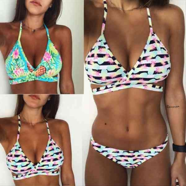 

women pineapple print push-up bandge padded bra bandage bikini swimwear bathing suit beachwear, White;black