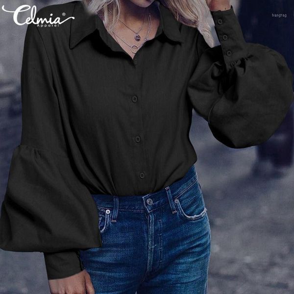 

2020 fashion lapel casual shirts women long lantern sleeve elegant solid blouses autumn loose buttons office blusas femme1, White