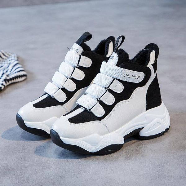 

boots 2021 winter women ankle heels high wedge warm fur platform leather sneakers cotton snow for woman, Black