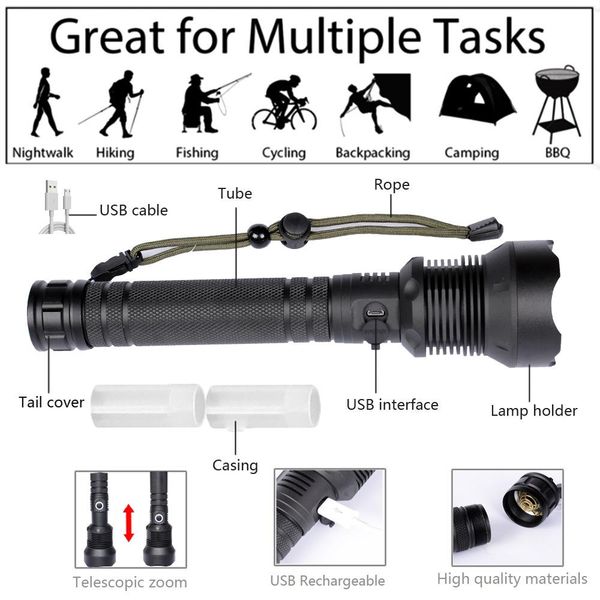

xhp90.2 tactical led flashlight usb rechargeable 18650 or 26650 battery torch waterproof lantern zoomable aluminum sqccur