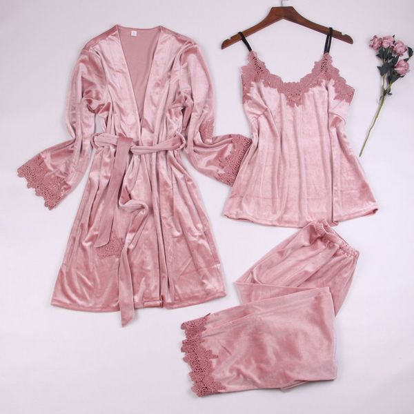 

winter new kimono gown women long sleeve 3pcs sleepwear velvet bathrobe gown bride bridesmaid wedding robe soft home clothes, Black;red