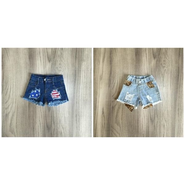 

july 4th summer baby girls children clothes ripped jeans shorts denims all-match leopard star stripe lj200819, White