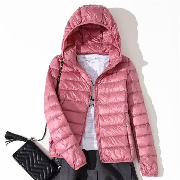

winter ultra light women hooded coat 90% duck down jacket packable thin feather short parka d183 y201026, Black