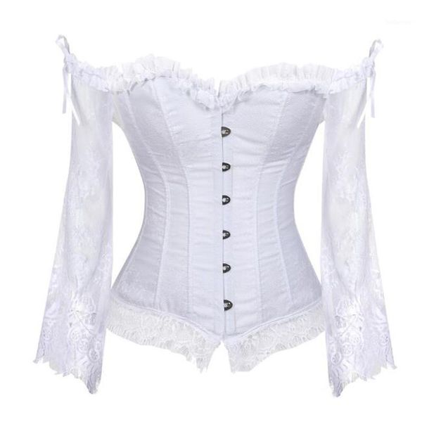 

plus size women steampunk corset blouse long sleeve lace corselet lace up bustiers victorian club wedding party shirts1, White