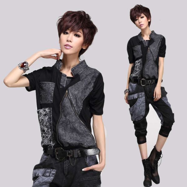 

short sleeve women's loose thin summer denim patchwork mh personalized avant-garde t-shirt trend, Black;gray