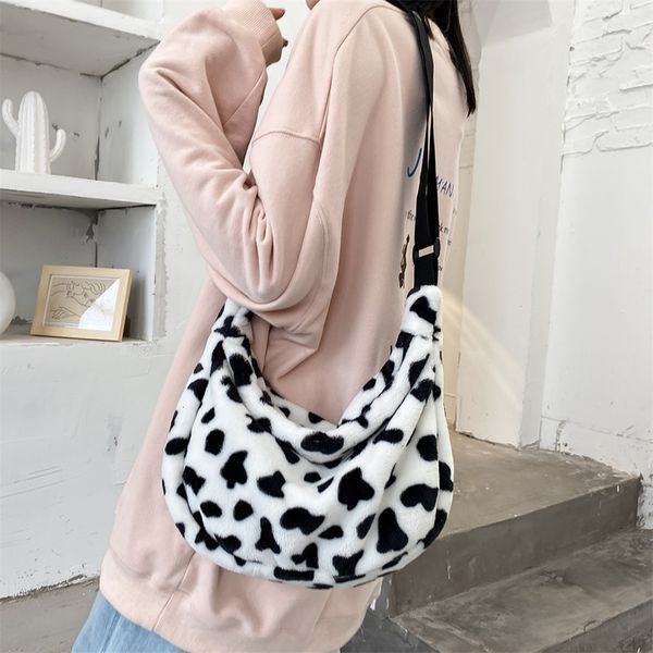 

casual women handbags women bags fashionable shoulder messenger bags cow pattern plush designer ladies women 2020