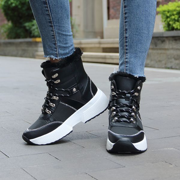 

women snow boots waterproof non-slip winter boots thick fur platform waterproof and warm shoes, Black