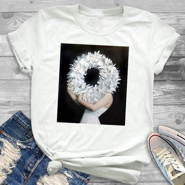 

women lady t shirt art painting feather printed tshirt ladies short sleeve tee shirt women female clothes graphic t-shirt, White