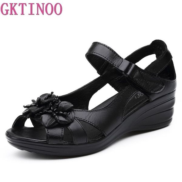 

gktinoo 2020 gladiator sandals women elegant genuine cow leather wedge mid heel 4cm beaded flower ladies shoes and sandals shoes, Black