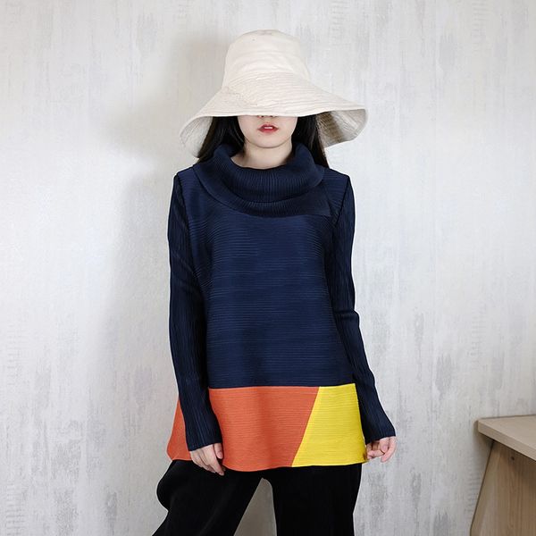 

miyake pleated korean bottomed long sleeve women's autumn winter 2020 new miyake half high collar color matching loose coatmordw, White