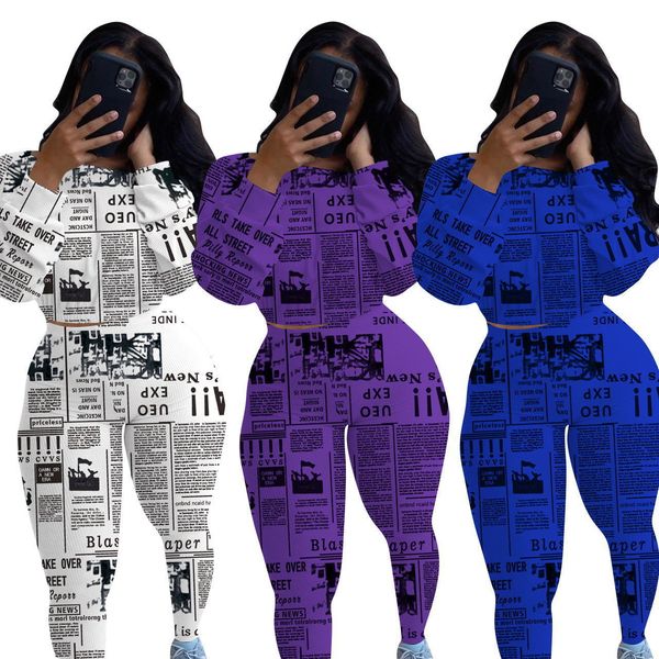 

women 2020 autumn and winter new leisure suit one letter collar printed newspaper suit long sleeve t-shirt pants printed two-piece, White
