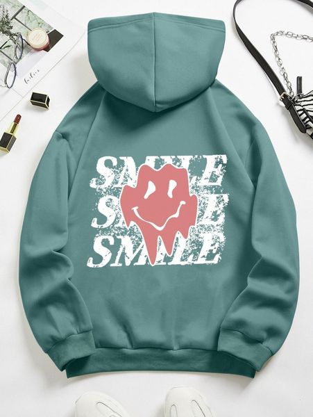 

letter & cartoon face print drawstring thermal lined hoodie 97st#, White;black