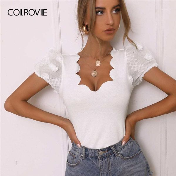 

colrovie scallop edge applique puff sleeve solid rib-knit elegant t shirt women 2020 summer slim fit office ladies t-shirts1, White