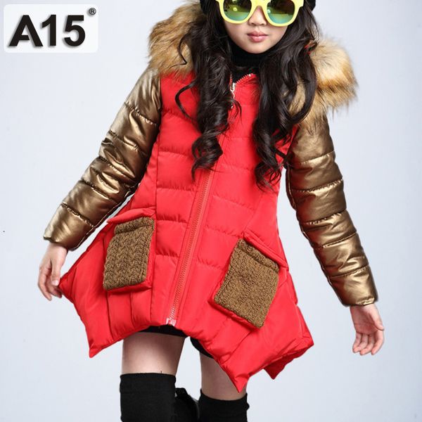 

kids girls winter jacket with fur collar children parka clothes baby warm hooded cotton coats big size 4 6 8 10 12 14 years 201102, Blue;gray