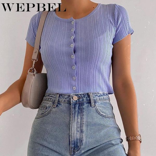 

wepbel women's o-neck t-shirt short t-shirt summer solid color fashion single-breasted slim top, White