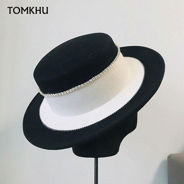 

vintage black white patchwork felt hat for women new fashion flat boater hat crystal trim wide brim fedora winter female, Blue;gray